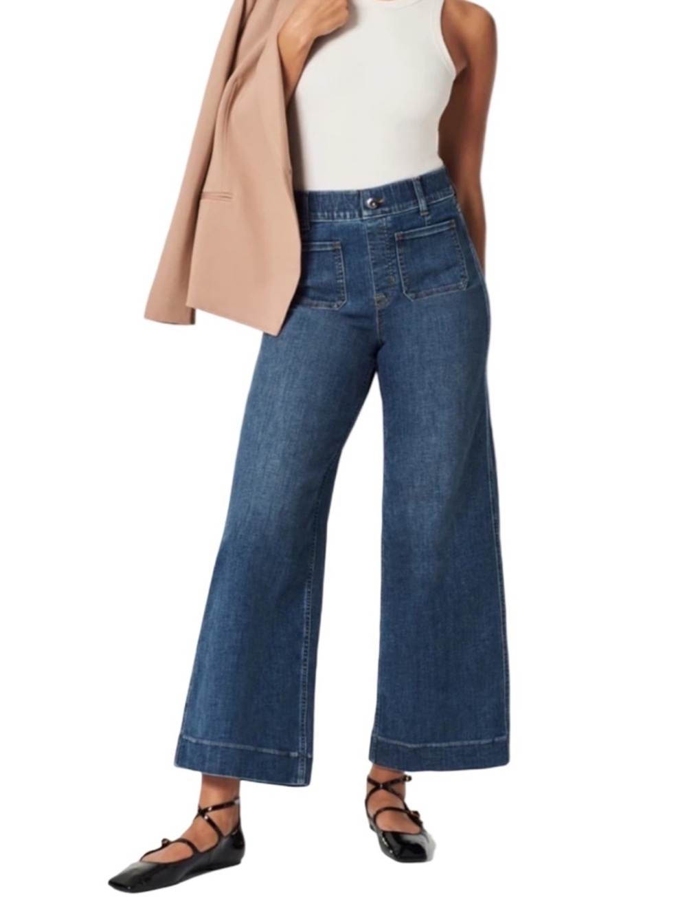 SPANX Wide Leg Crop Jeans Size Medium Shaded Blue High Waist Patch Pockets
